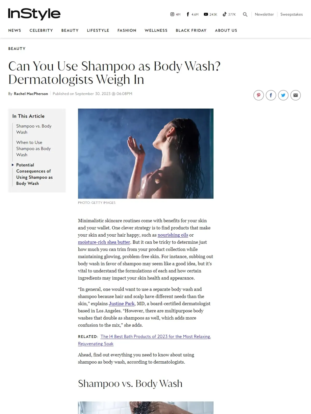 InStyle article: Can You Use Shampoo as Body Wash? Dermatologists Weigh In