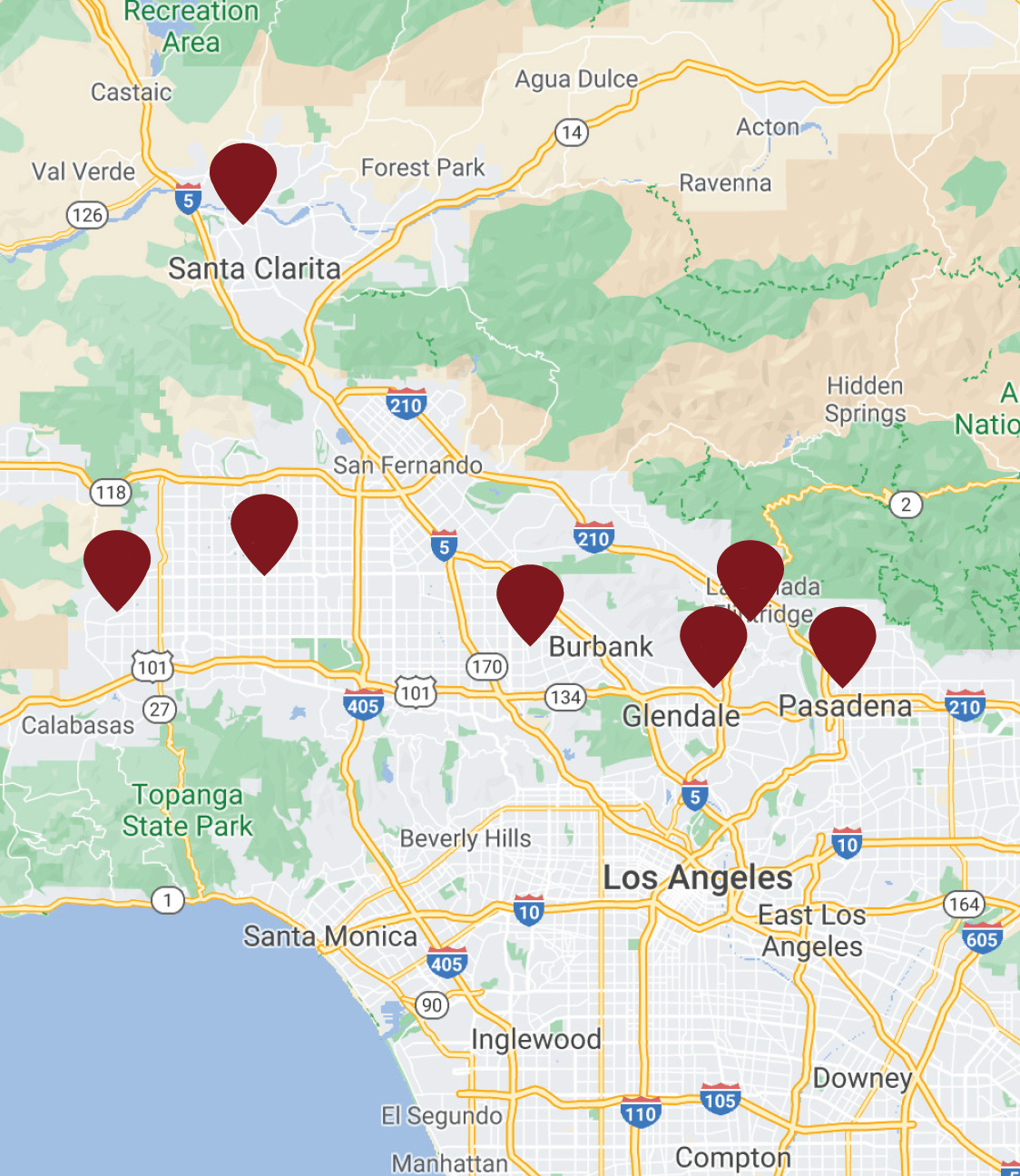 Map of the Los Angeles area with burgundy pins marking the Skin & Beauty Center offices