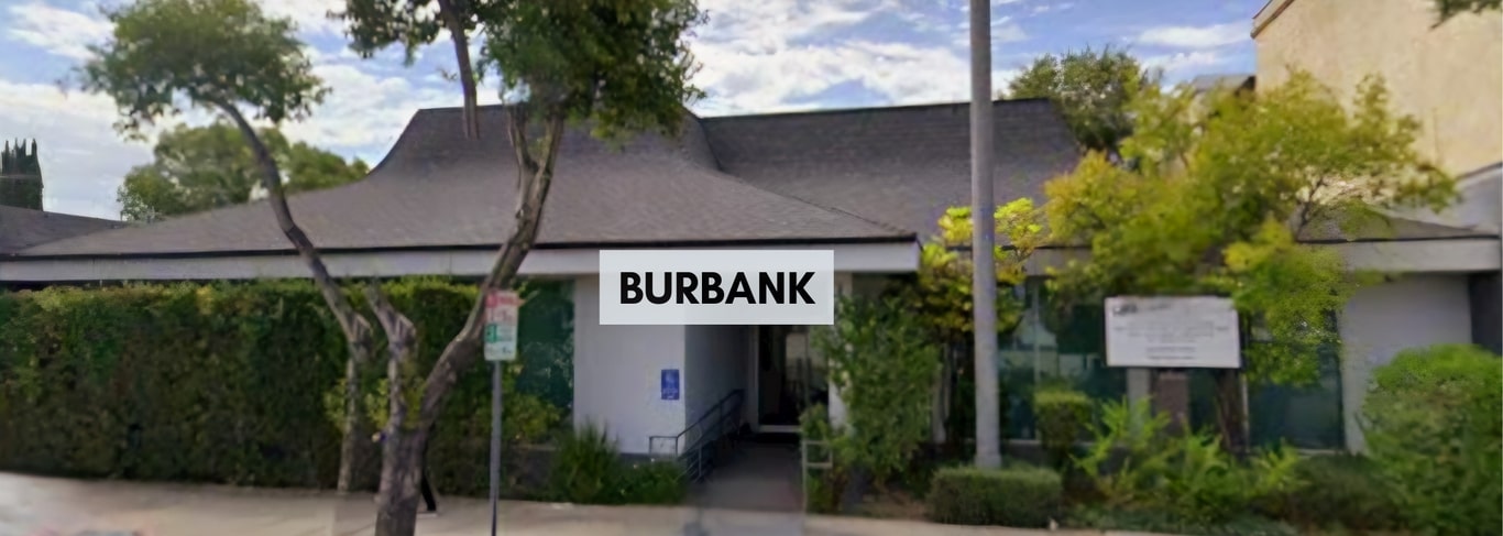 Burbank office: single-story building entrance behind trees, labelled Burbank