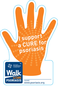 Hand with text reading I support a cure for psoriasis